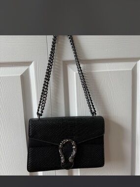Black Chain-Handle Shoulder Bag with Textured Finish